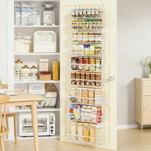 9 - Tier Over - the - Door Pantry Organizer with Spice Rack, 75 - inch White Adjustable Baskets