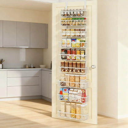 9 - Tier Over - the - Door Pantry Organizer with Spice Rack, 75 - inch White Adjustable Baskets